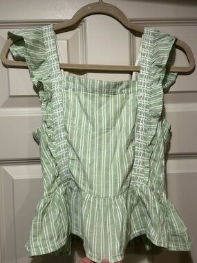 Green Striped Ruffle Sleeve Top Cropped Medium